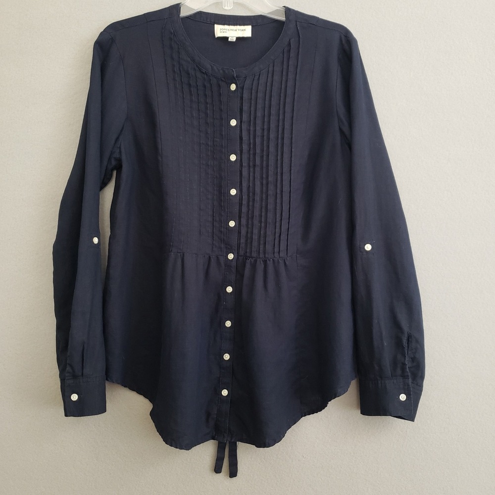Jones‎ New York Sport M Blouse Tie Back Navy Blue 100% Linen Pintuck Button Down